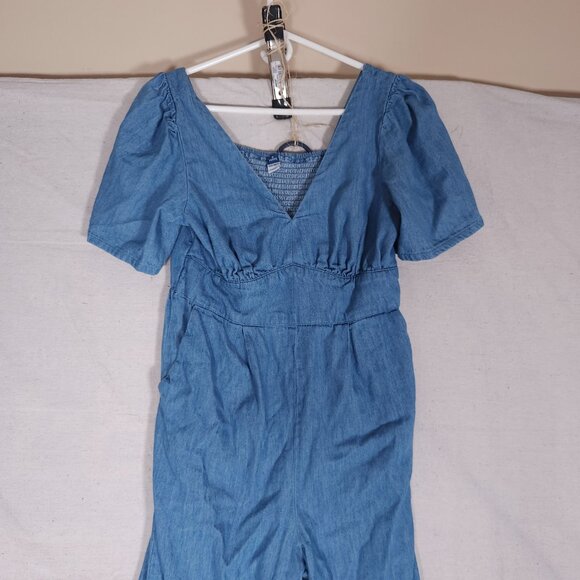 Old Navy Womens Denim Jumpsuit M Petite Blue Puff Sleeve Farmcore Cottagecore - Picture 10 of 13
